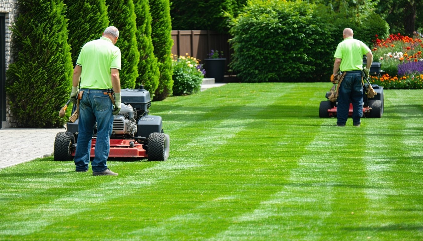 Lawn care professionals maintaining a green yard