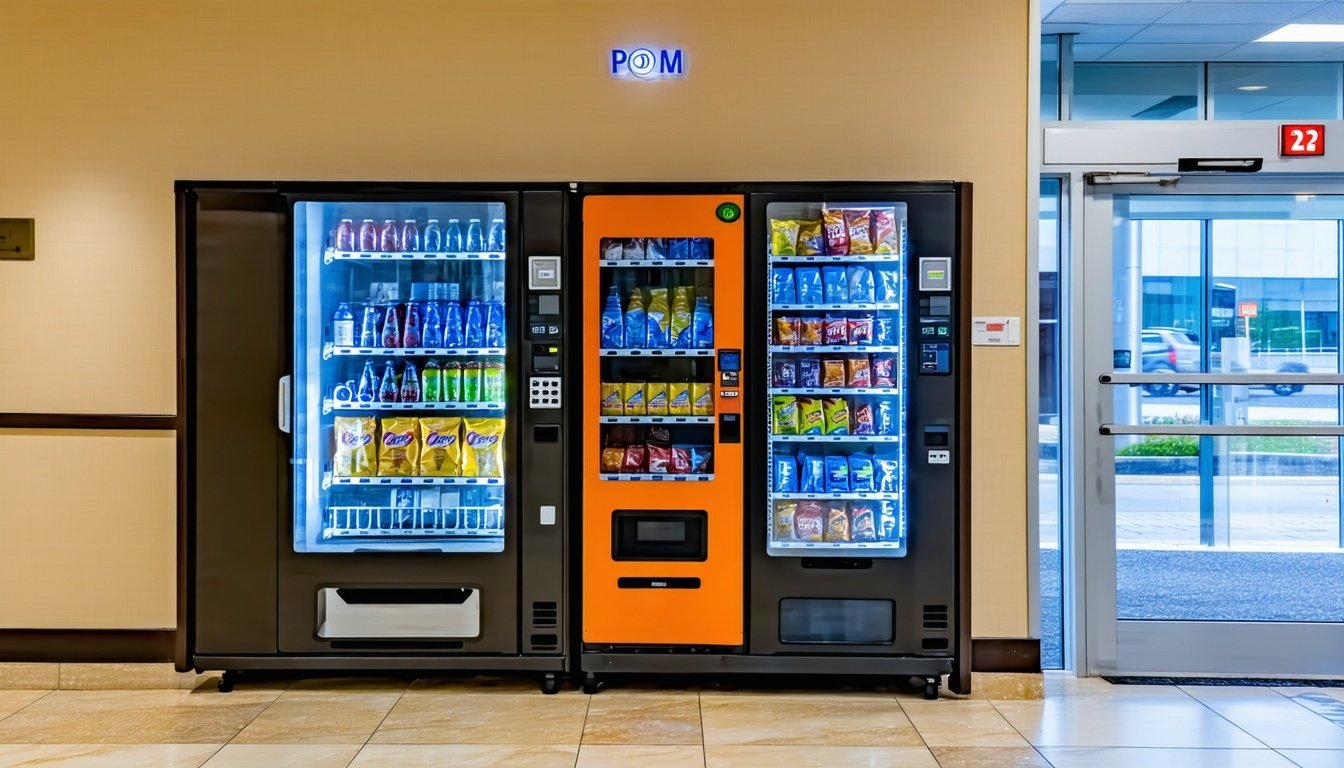 Vending machines stocked and ready for use in a business lobby