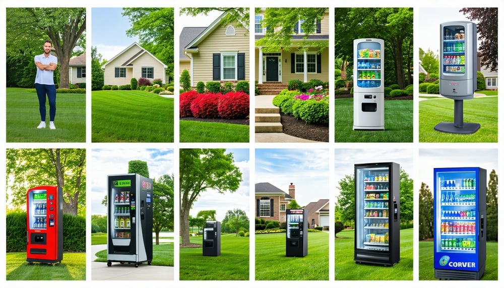 Collage of lawn care, real estate, and vending machine services