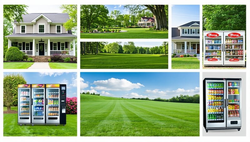 Collage representing lawn care, real estate, and vending machine services Collage representing lawn care, real estate, and vending machine services
