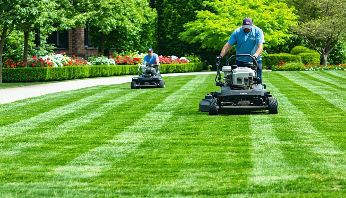 Lawn care service team maintaining a green lawn