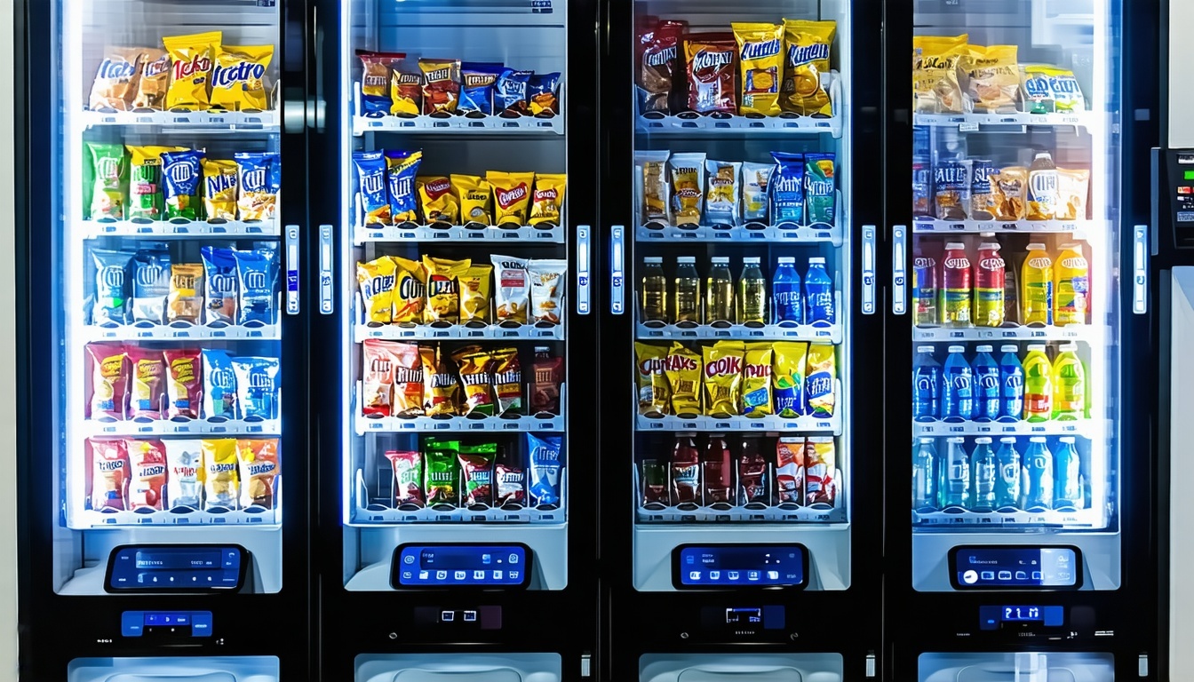 Vending machine stocked with snacks and beverages